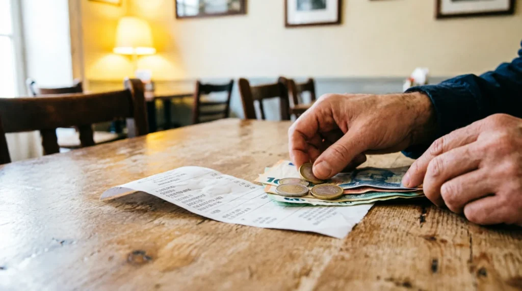 Paying cash bill at Lisbon restaurant - euro coins and notes on wooden table with receipt - practical travel expense Portugal