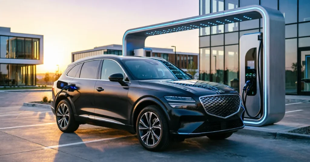 Genesis Electrified GV70 electric SUV at charging station - modern luxury EV with charging cable connected, golden hour lighting