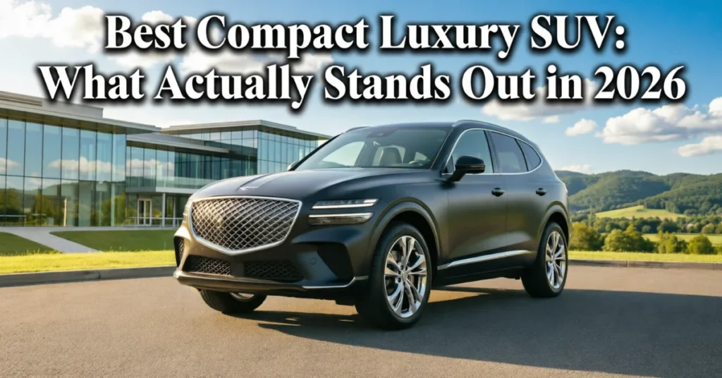 2026 Genesis GV70 exterior front three-quarter view outdoors - dark metallic compact luxury SUV with signature grille parked in front of modern building with blue sky - Best Compact Luxury SUV: What Actually Stands Out in 2026