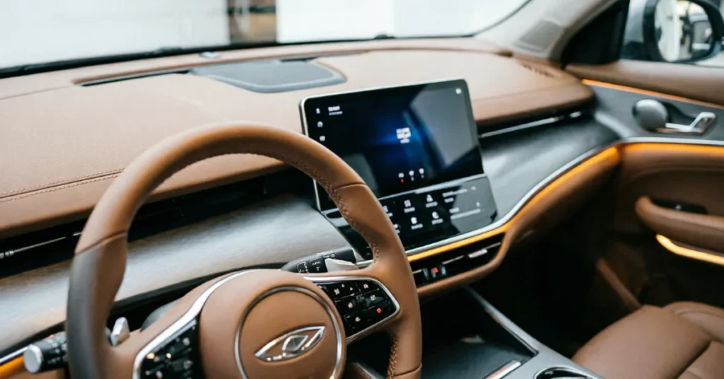 2026 Genesis GV70 tan leather interior dashboard and infotainment system