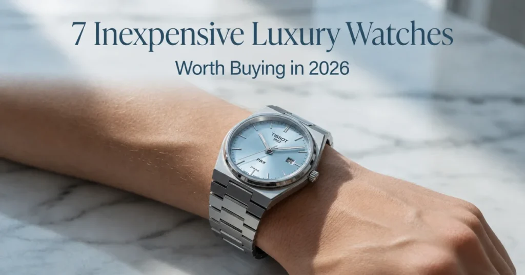 Tissot PRX blue dial luxury watch on wrist resting on white marble surface