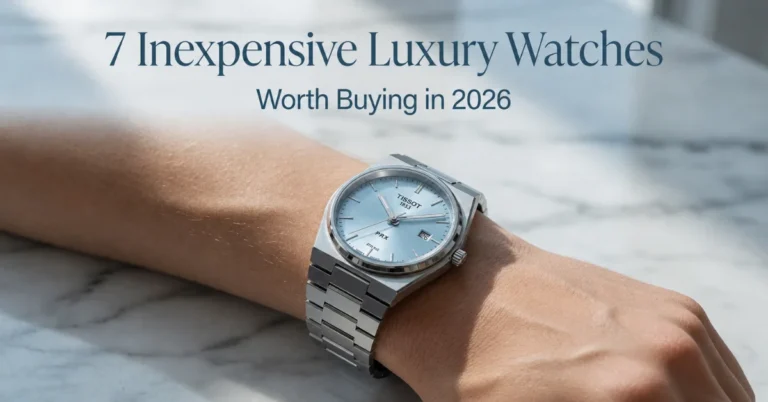 Tissot PRX blue dial luxury watch on wrist resting on white marble surface