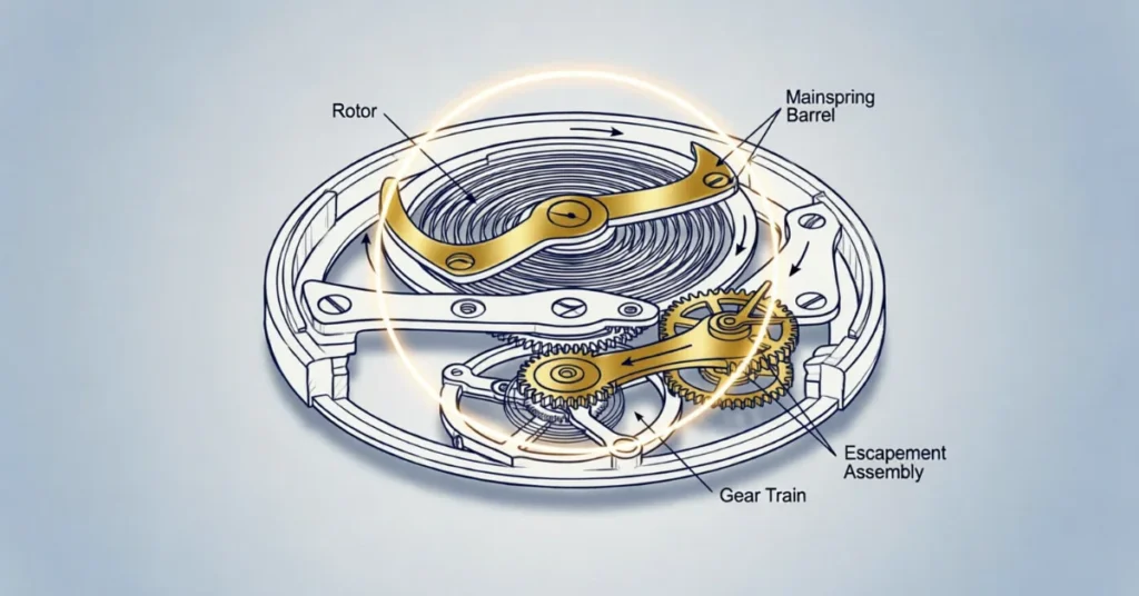 Technical cutaway diagram of automatic watch movement showing labeled rotor, mainspring barrel, gear train, and escapement assembly
