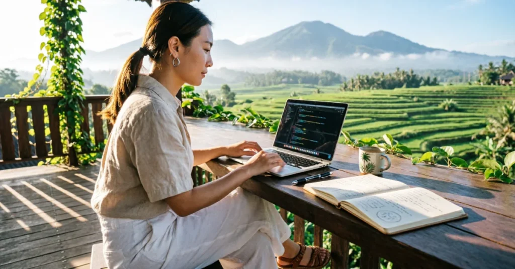 Remote worker with laptop on tropical villa patio overlooking rice terraces and mountains