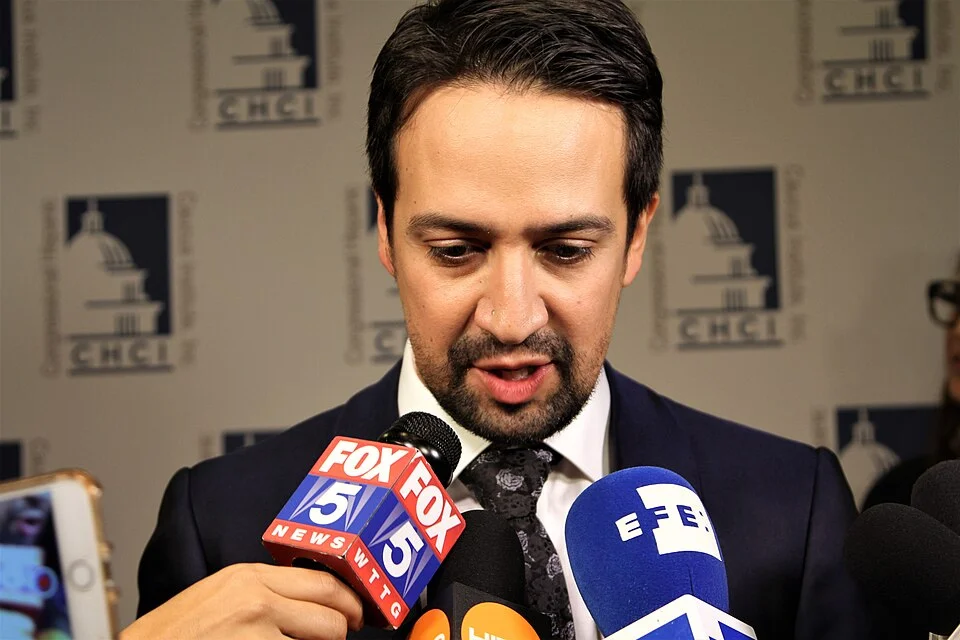 Lin-Manuel Miranda speaks to Fox 5 and EFE reporters at a Congressional Hispanic event