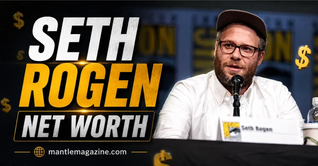Seth Rogen speaking at a Comic-Con panel with a name card in front of him