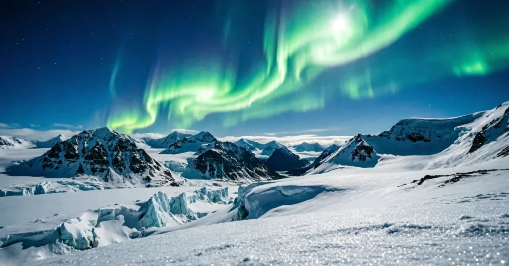 Green northern lights dancing over snow-covered Arctic mountains in Svalbard winter night