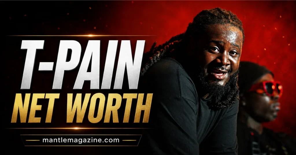 T-Pain smiling in a black shirt against a red backdrop
