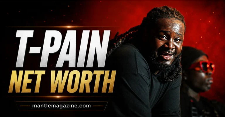 T-Pain smiling in a black shirt against a red backdrop