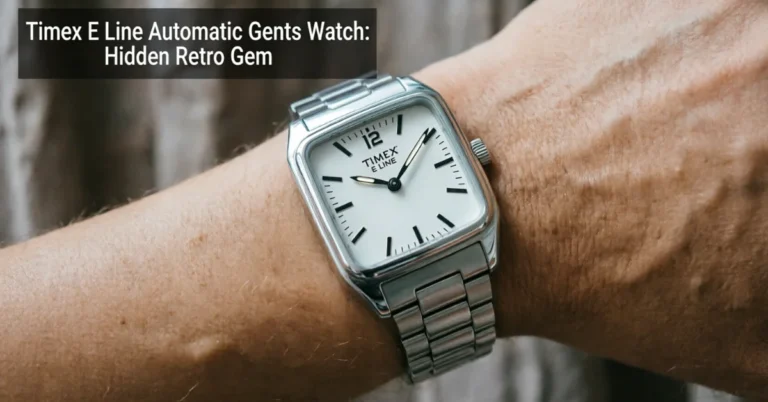 Close-up wrist shot of Timex E Line square TV dial automatic watch with stainless steel case and bracelet