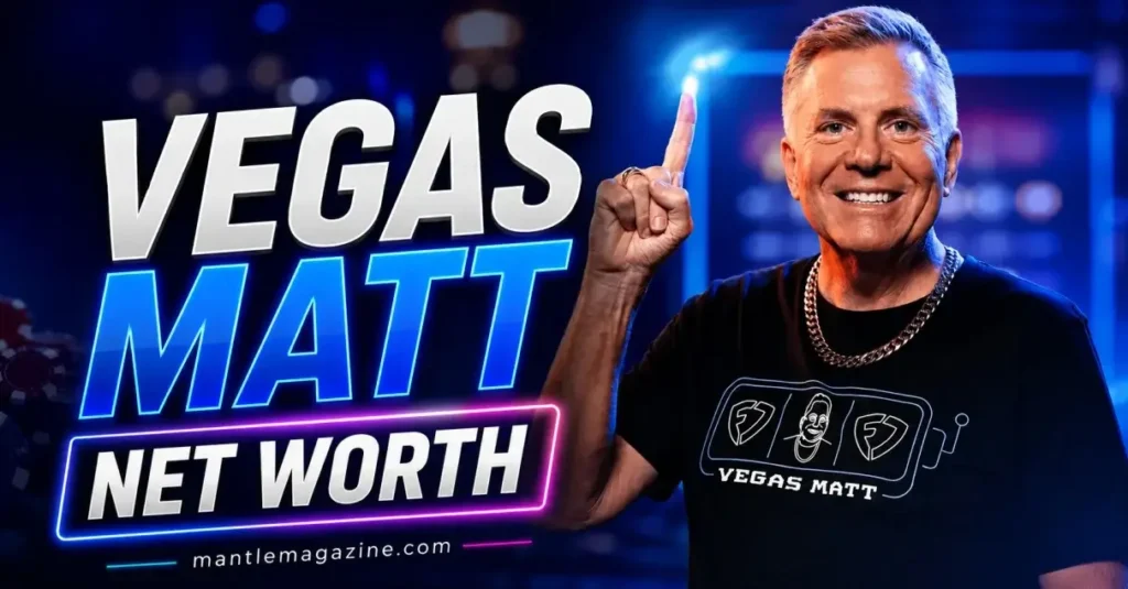 Vegas Matt smiling in branded shirt for net worth feature