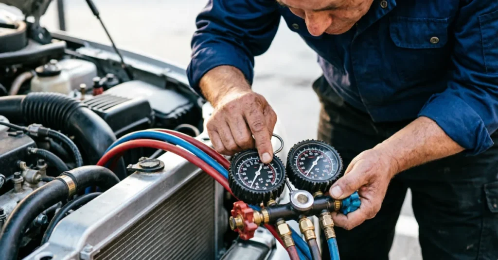Mechanic using AC manifold gauges for refrigerant pressure diagnosis