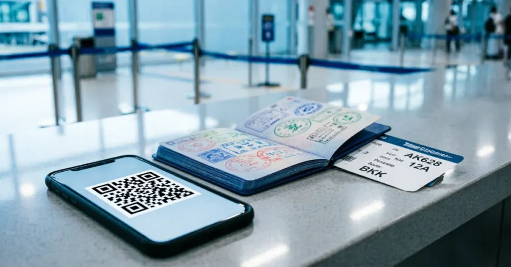 Southeast Asia airport immigration - passport visa documents and QR code check for international travel