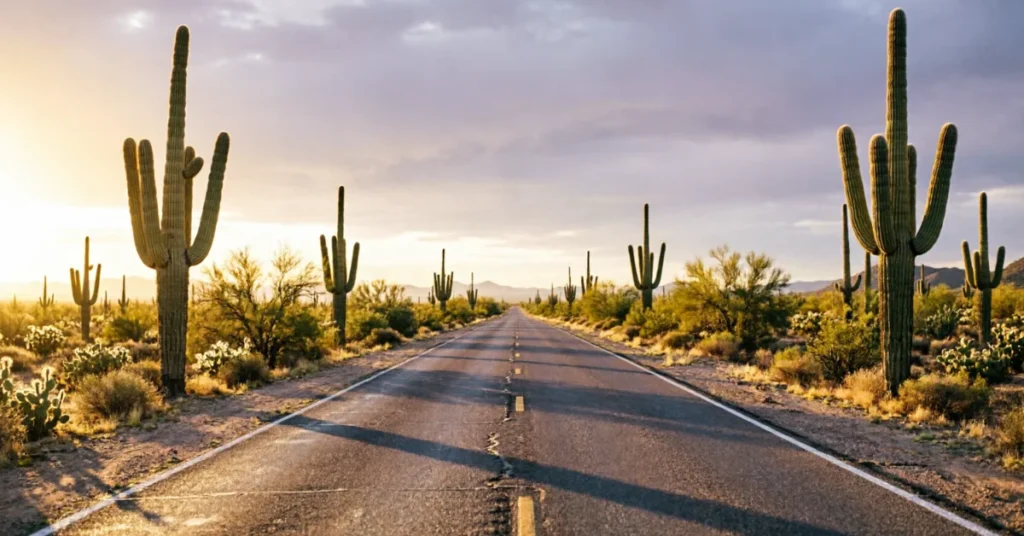 Arizona desert highway through saguaro cacti at golden hour with warm sunset colors