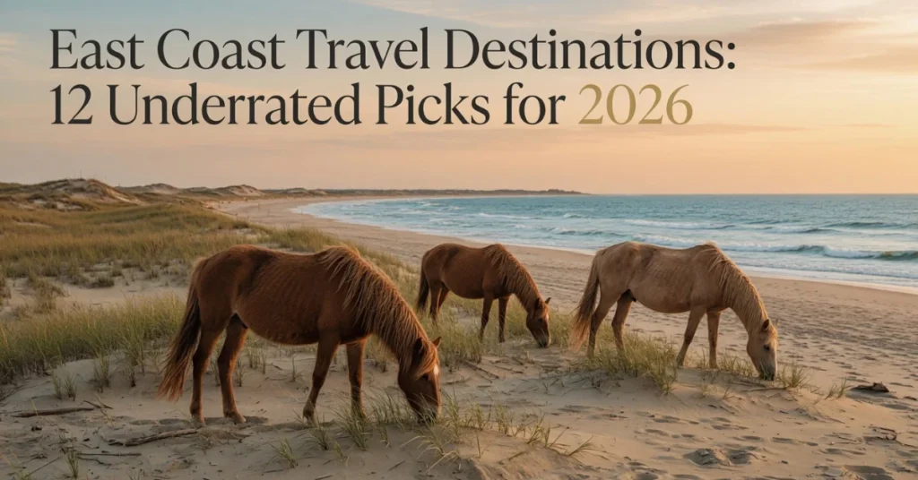 Wild horses grazing on sandy dunes at Assateague Island beach with ocean waves and sunset sky