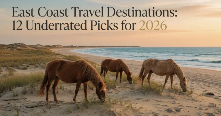 Wild horses grazing on sandy dunes at Assateague Island beach with ocean waves and sunset sky