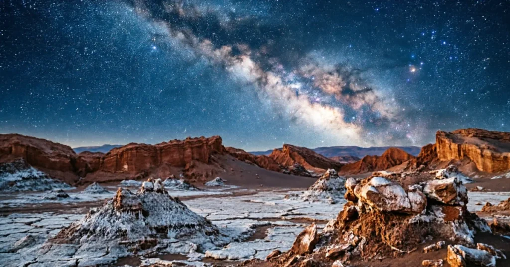 Milky Way over Atacama Desert's Valle de la Luna with dramatic salt formations and star-filled night sky