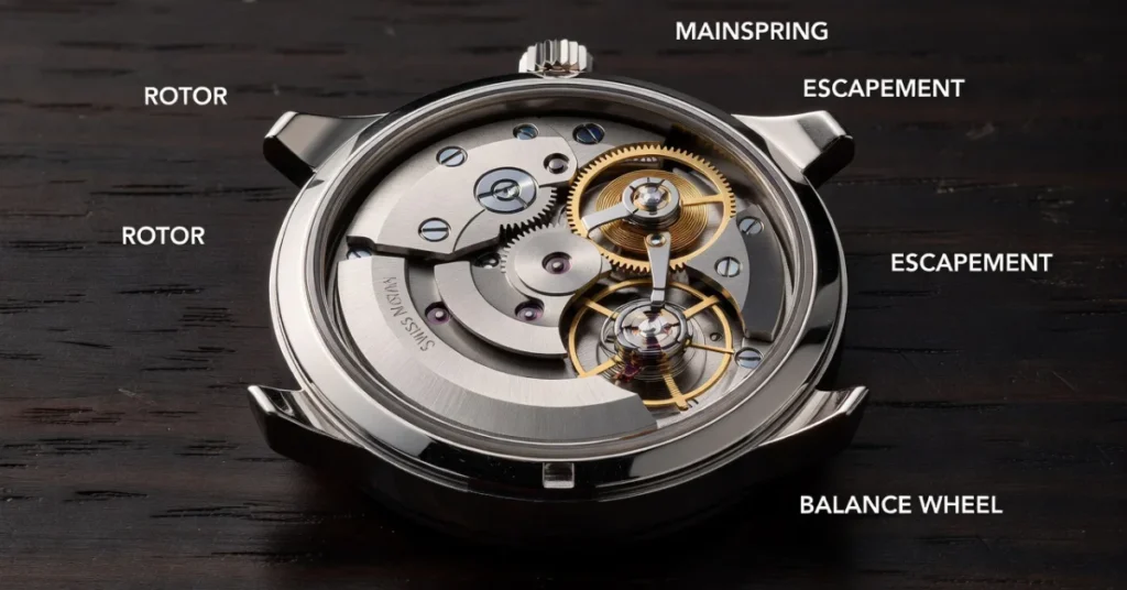 Labeled diagram of automatic watch movement showing rotor, mainspring, escapement, and balance wheel