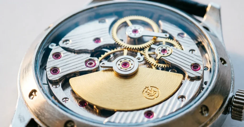 Close-up of automatic watch caliber with winding rotor and jewels
