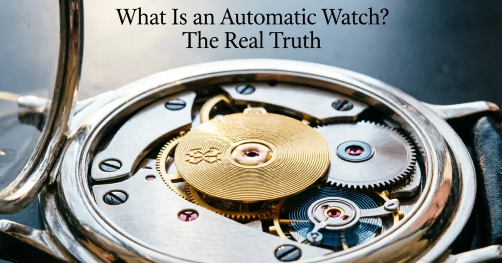 Close-up of automatic watch movement showing gold rotor, gears, and mechanical components