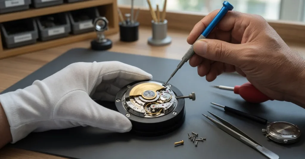 Watchmaker servicing automatic watch movement with precision tools