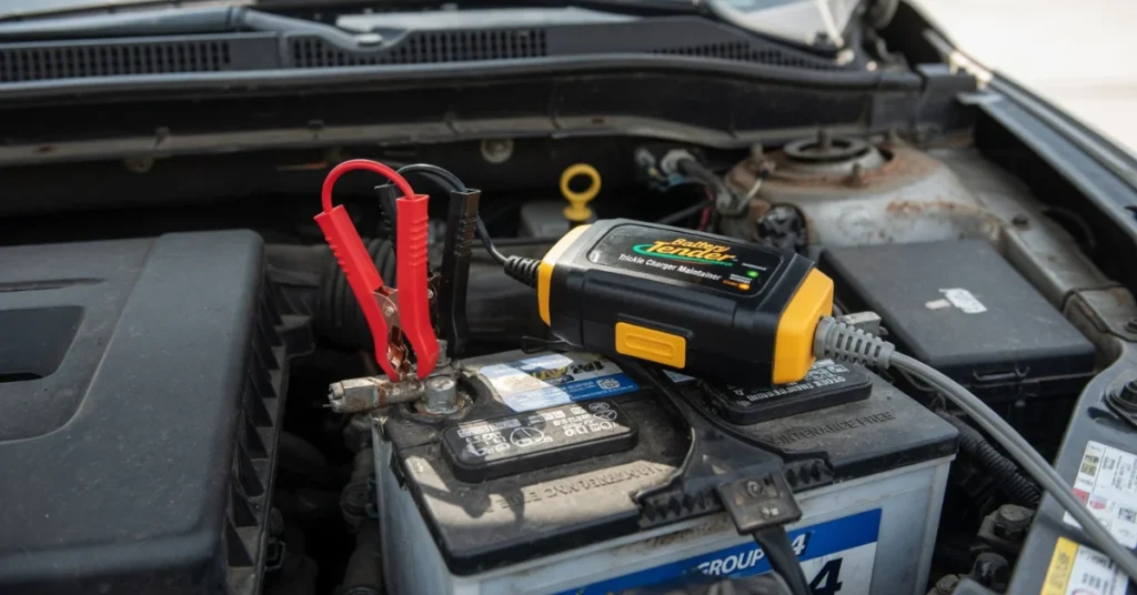 Battery Tender trickle charger maintainer connected to car battery