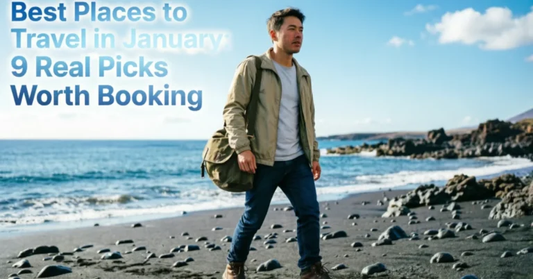 Traveler exploring the black volcanic coastline of Lanzarote in January with a leather backpack.