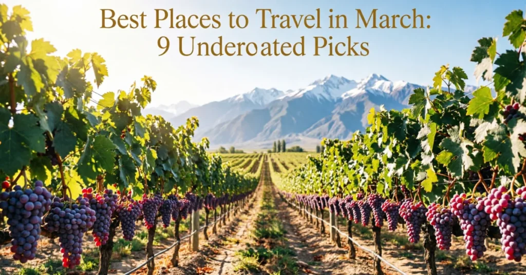 Mendoza Argentina vineyard rows with purple grapes and Andes mountains backdrop - top March travel destination