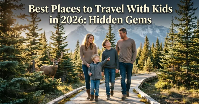 Parents and kids hiking national park boardwalk, wildlife viewing, family outdoor adventure travel