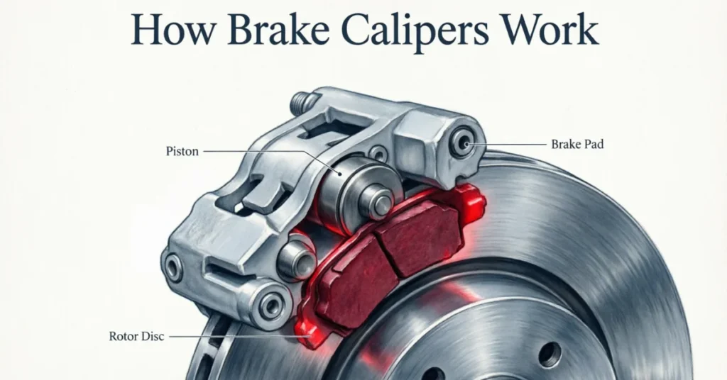 Brake caliper cross-section diagram showing pads, piston, and rotor with red friction highlight