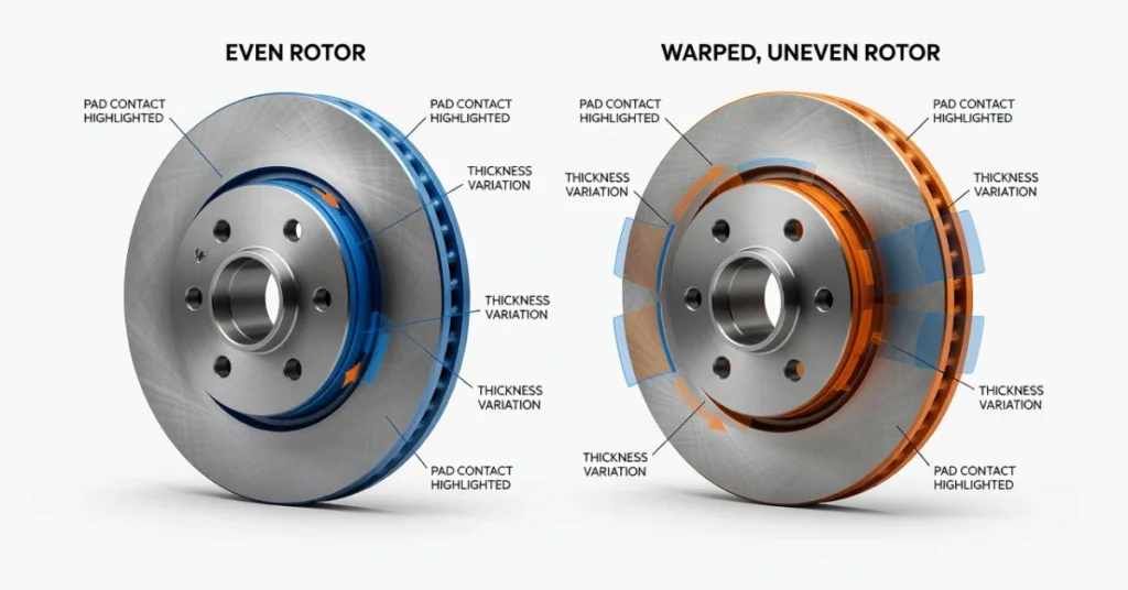 Diagram comparing even brake rotor to warped uneven rotor showing thickness variation and pad contact