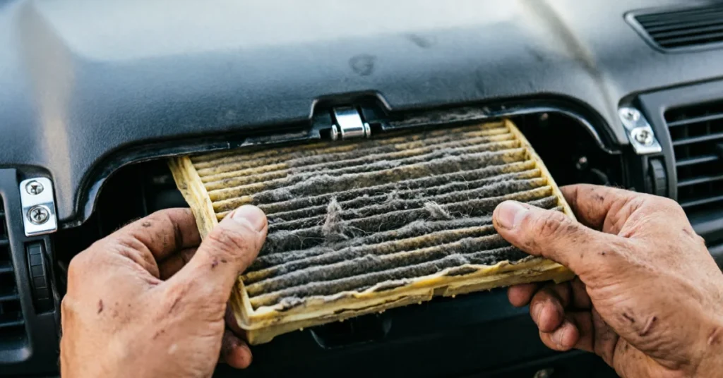  Close-up of extremely dirty cabin air filter covered in dust and debris being removed from car