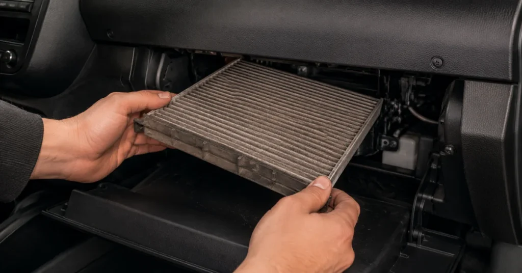 Hands removing dirty cabin air filter from behind car glove compartment