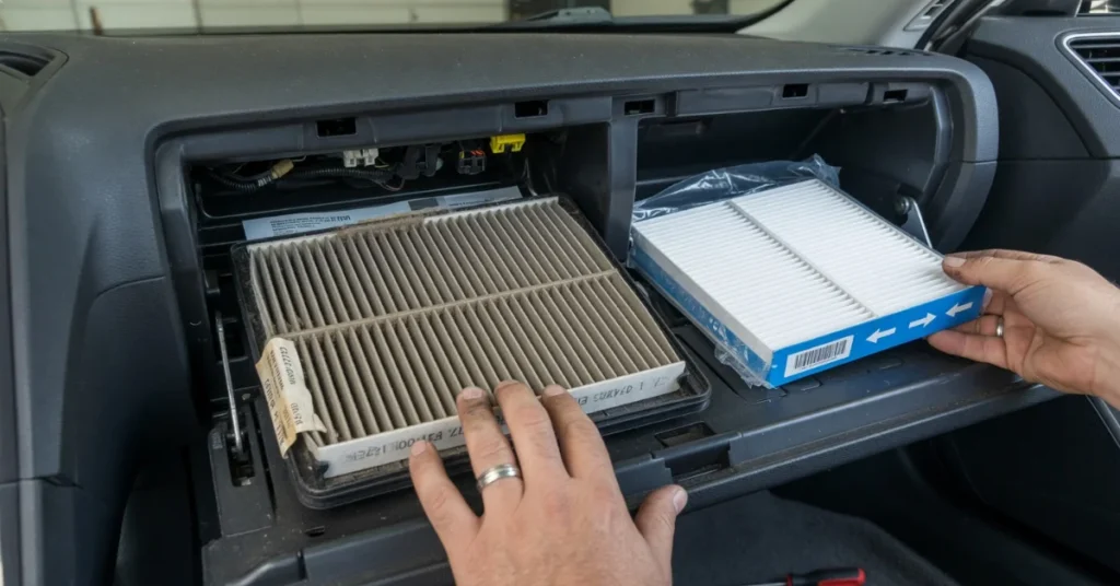 Replacing dirty cabin air filter with new one showing glovebox compartment locatio