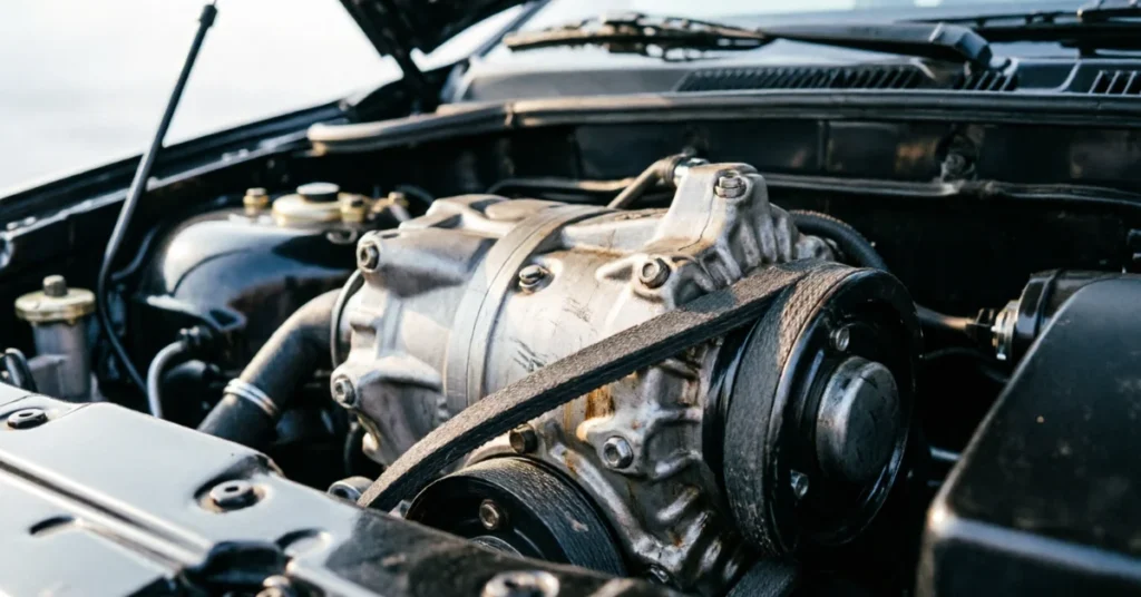 Close-up of a car AC compressor and belt system under the hood