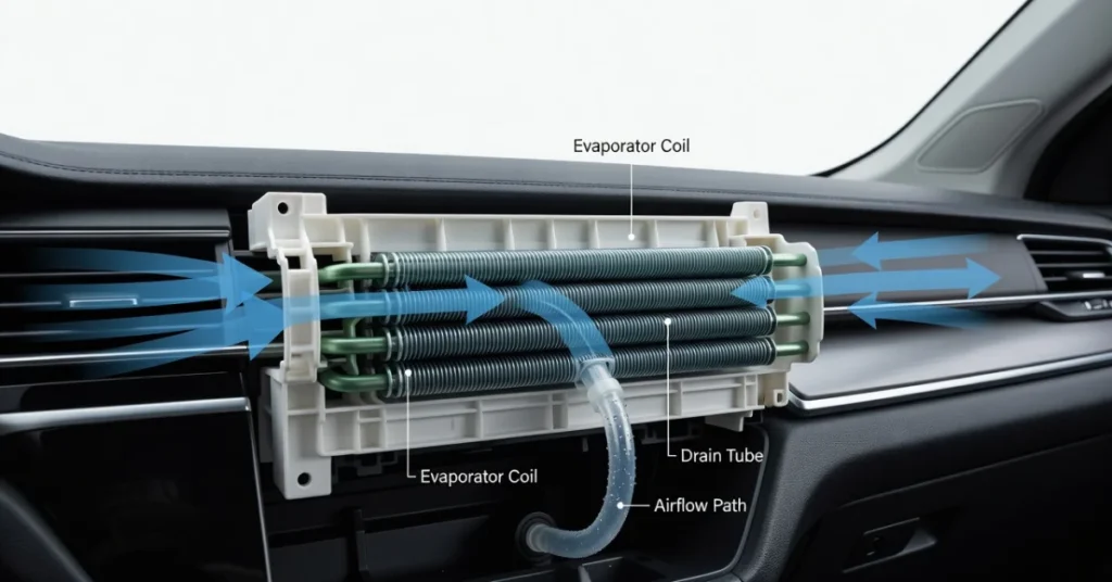 Labeled diagram showing car AC evaporator coil with drain tube and airflow path through dashboard