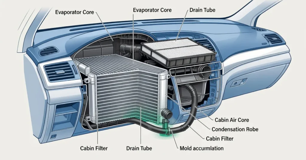 3D cutaway diagram showing car AC evaporator core with green mold buildup, cabin filter location, and drain tube