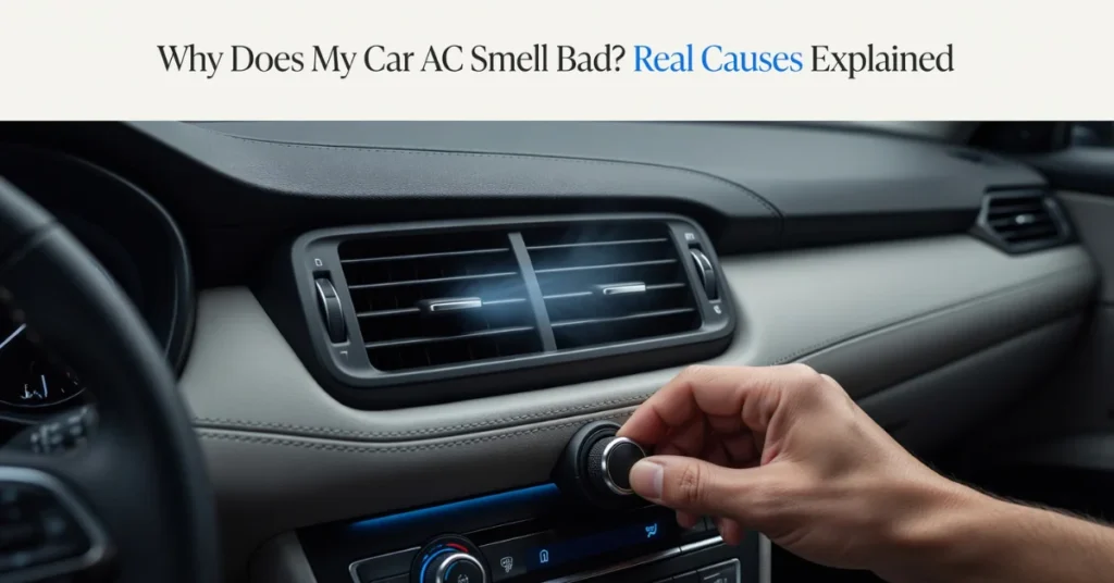 Hand adjusting climate control on modern car dashboard with leather interior