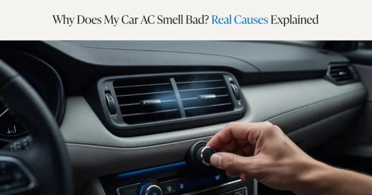 Hand adjusting climate control on modern car dashboard with leather interior