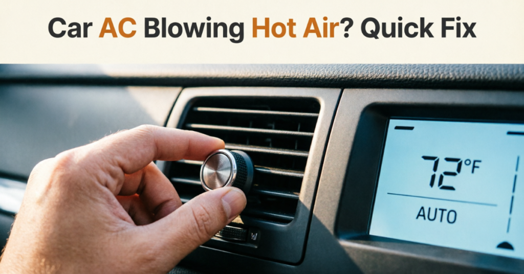 Person adjusting car AC temperature knob with digital display showing 72°F