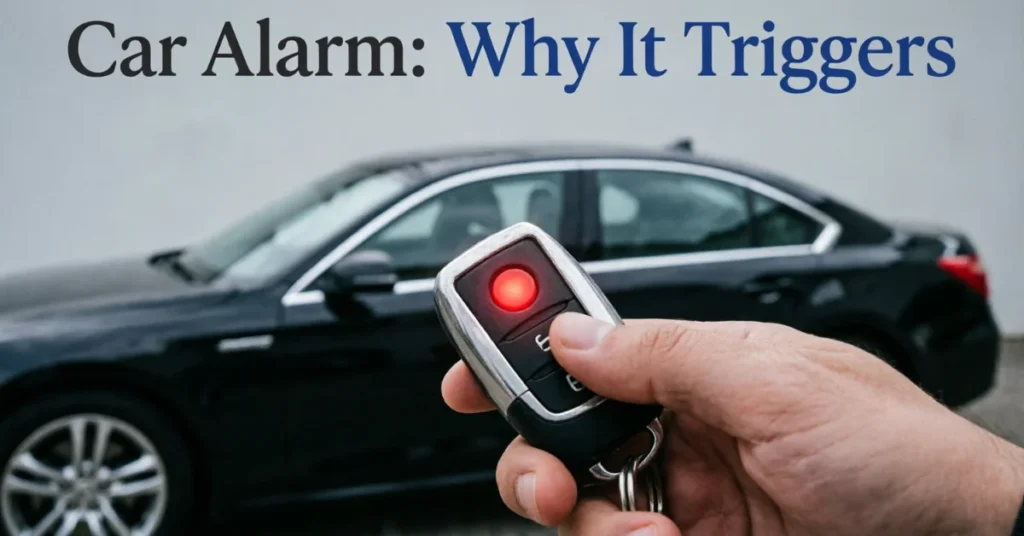 Hand pressing the red panic button on a car key fob with a blurred black car in the background.