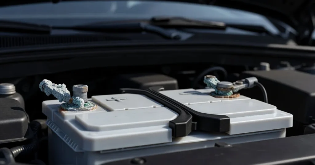 Corroded car battery terminals with blue-green buildup causing sulfur smell
