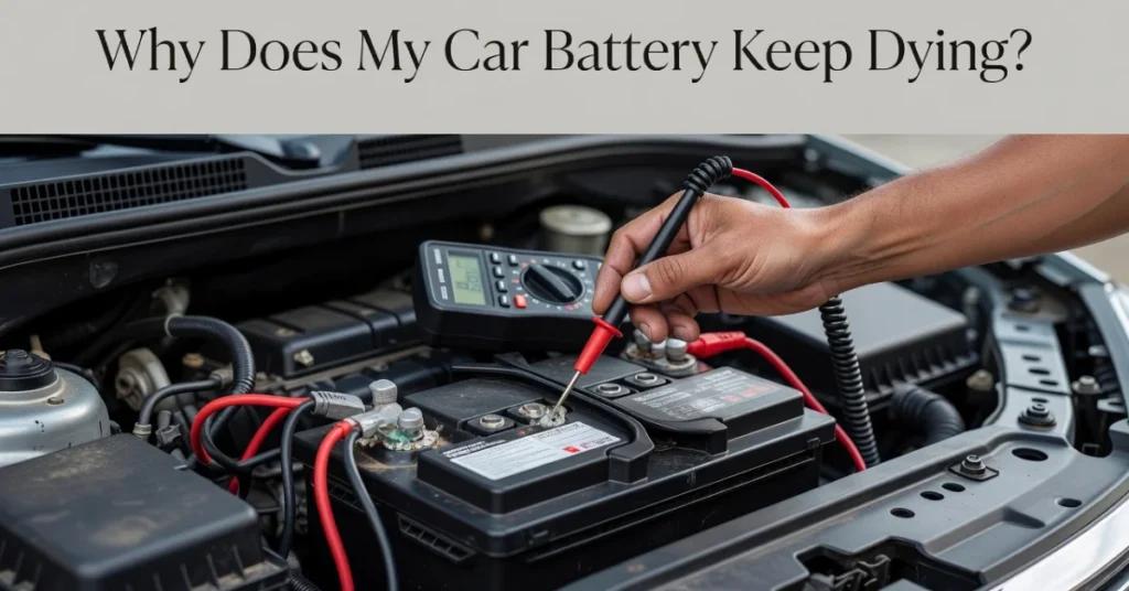 Hand testing car battery with multimeter