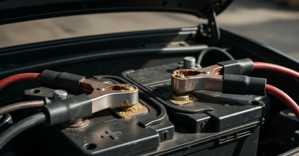 Corroded car battery terminals in engine bay with jumper cables connected, showing diagnostic view