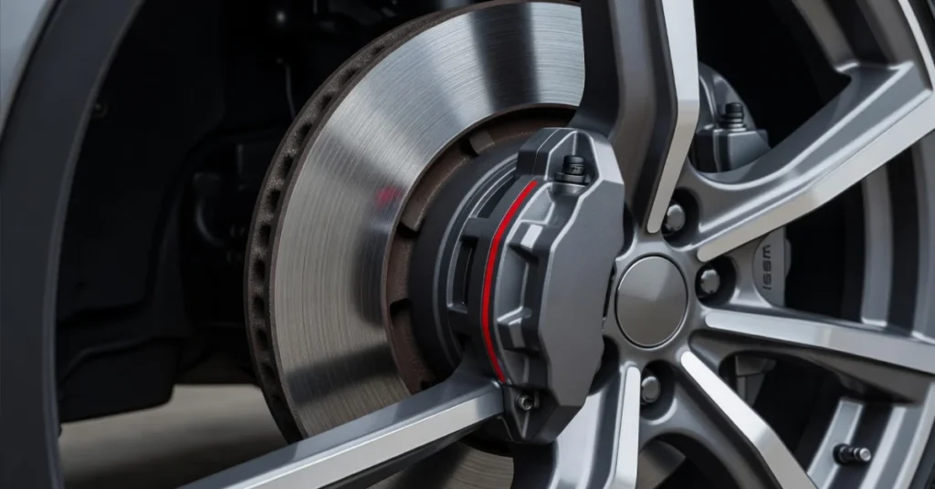 Close-up of car disc brake rotor and caliper visible through alloy wheel with red accent