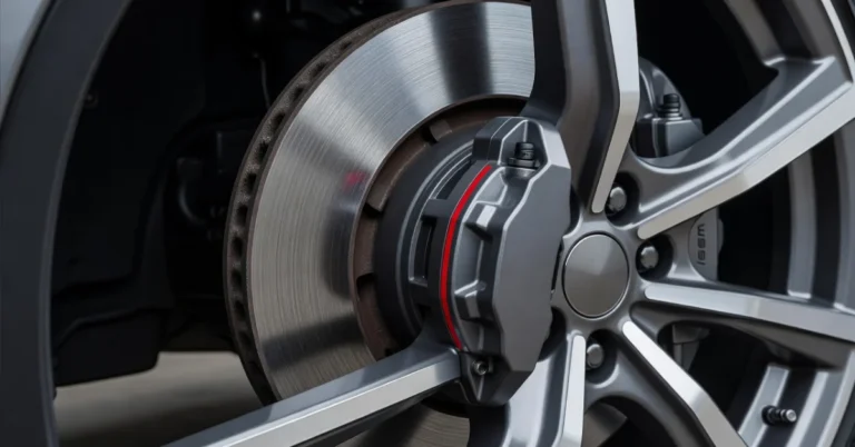 Close-up of car disc brake rotor and caliper visible through alloy wheel with red accent