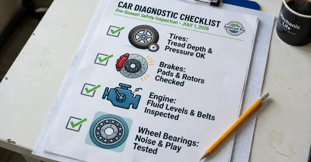 Car diagnostic checklist showing tires, brakes, engine, and wheel bearings inspection items