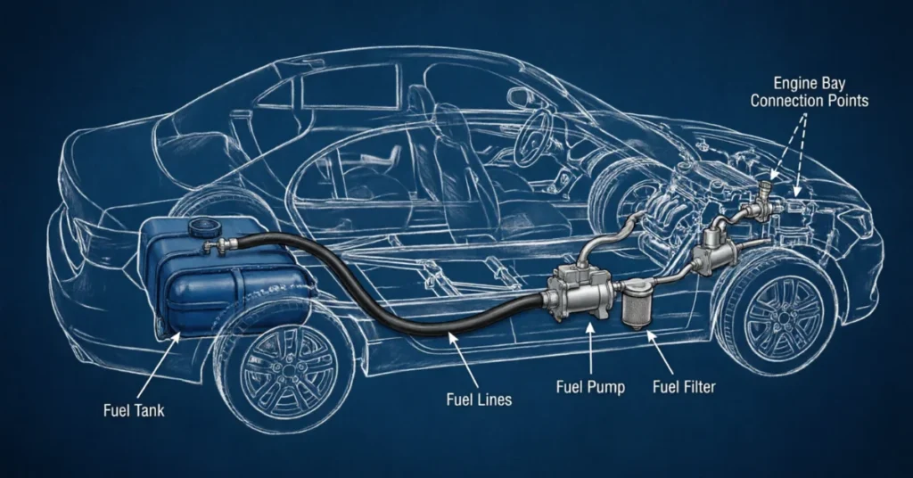 Automotive fuel system blueprint illustration with labeled components