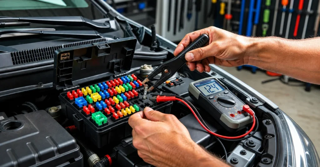 Mechanic testing car fuse box with multimeter