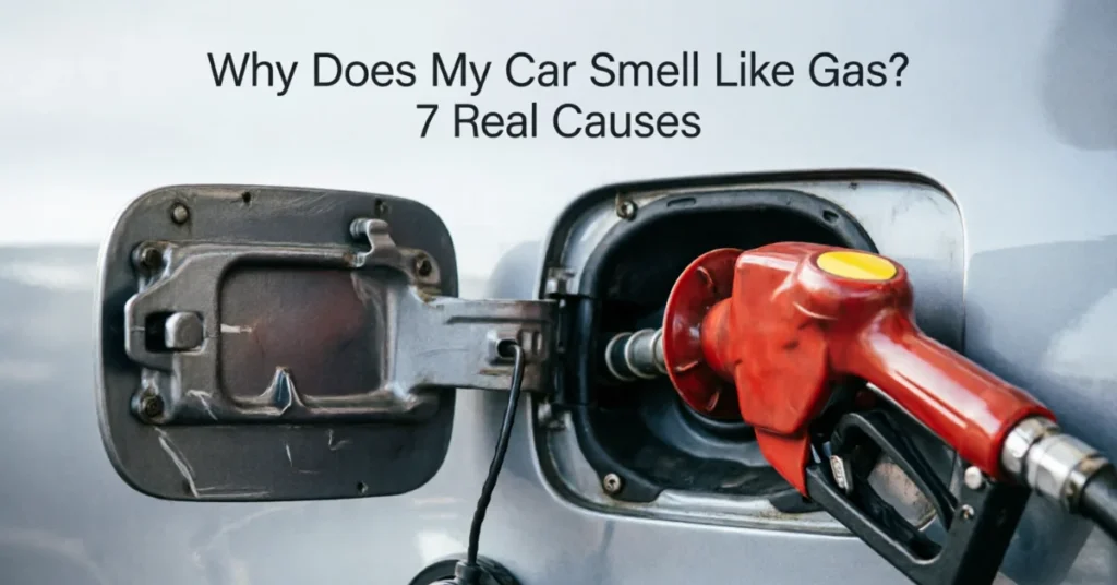 Open car fuel door with red gas pump nozzle inserted